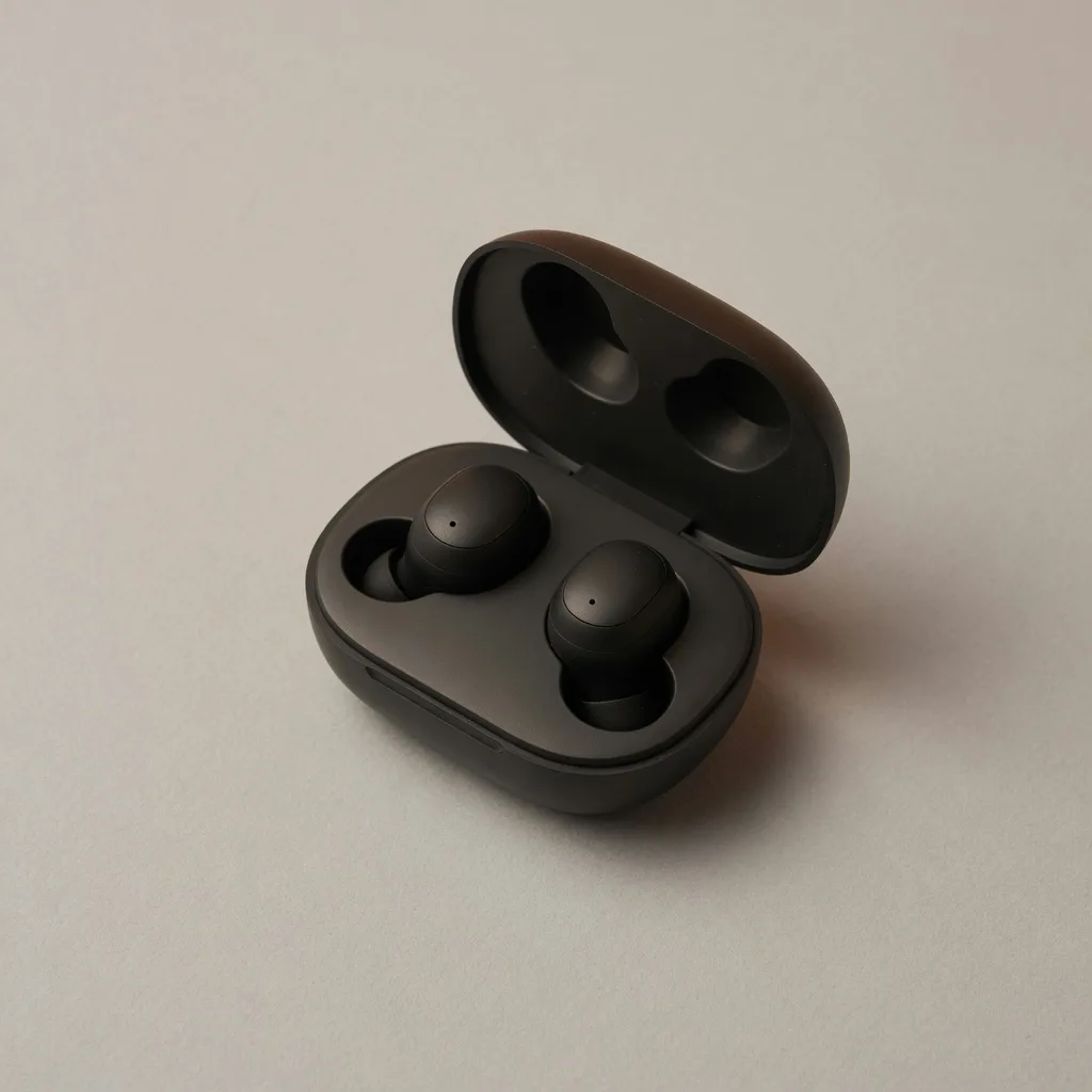 Pebble-shaped wireless earbuds in an open case, studio photograph