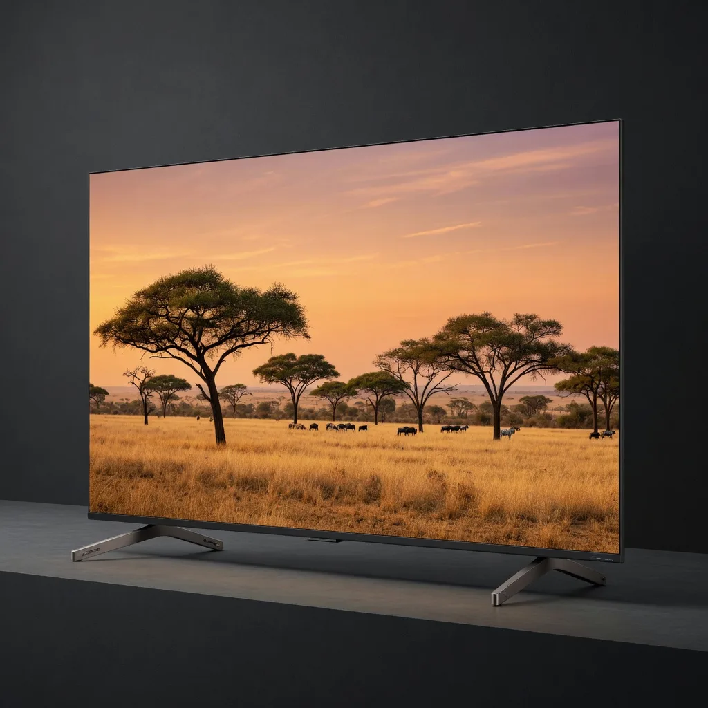 Front view of a large flat-screen television on a stand, studio photograph