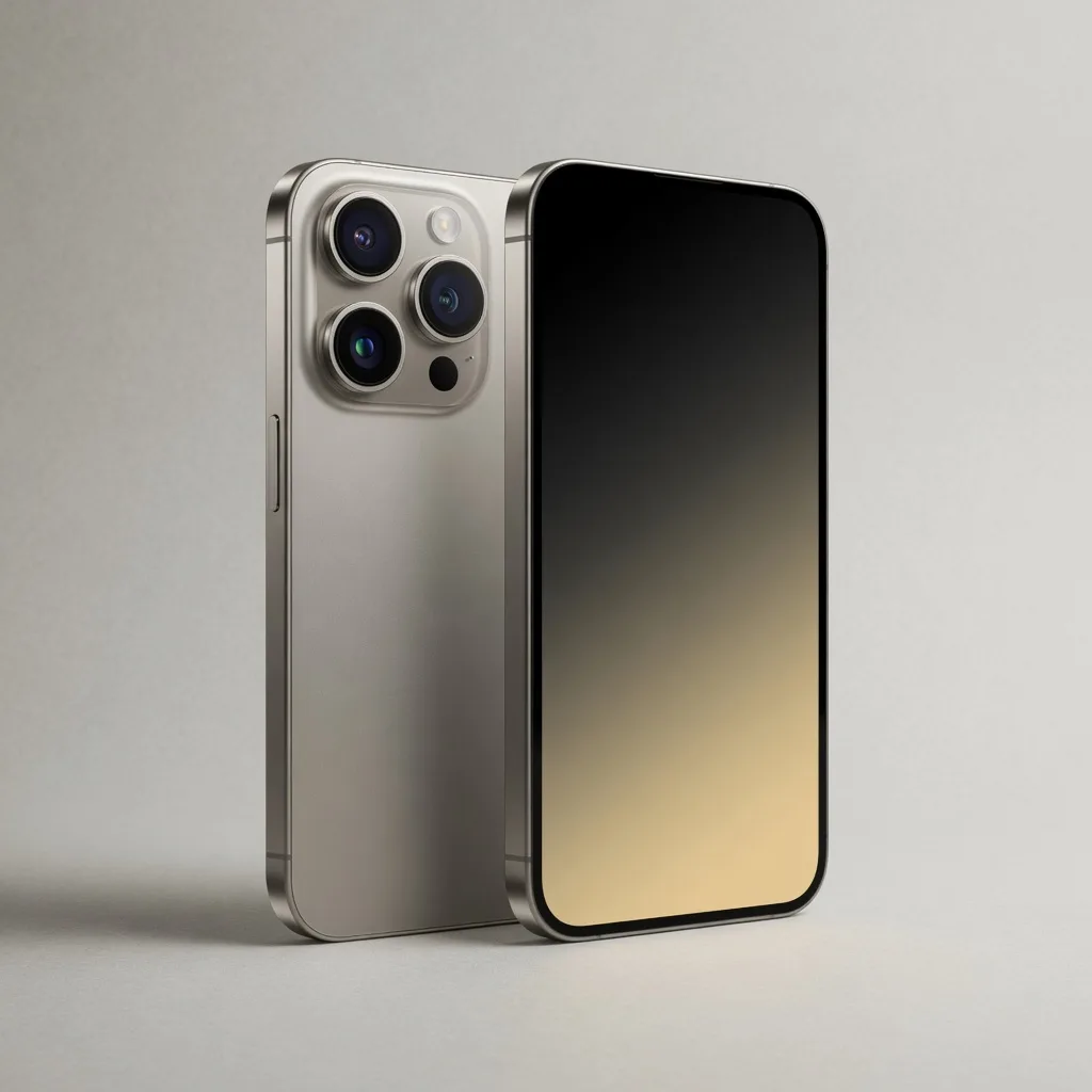 Titanium smartphone showing a raised triple-camera plateau, studio photograph