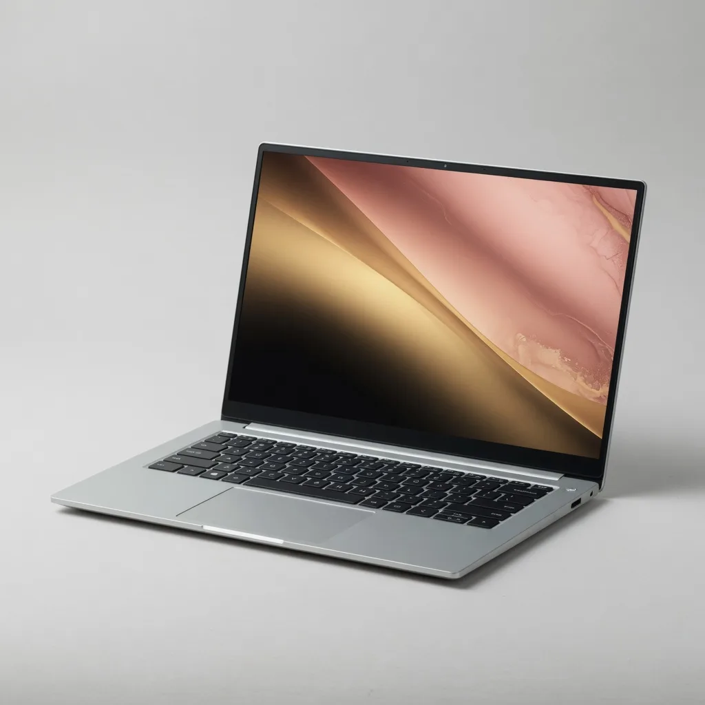 Silver laptop open on a desk, studio photograph