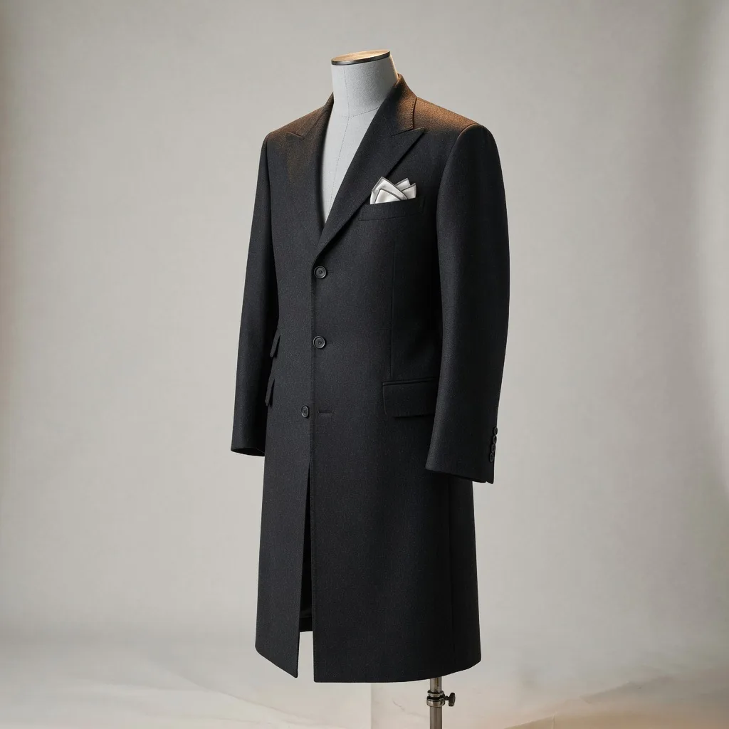 Charcoal overcoat on a hanger, studio photograph