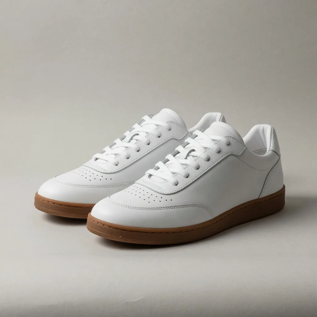 Pair of white leather sneakers with gum soles, studio photograph