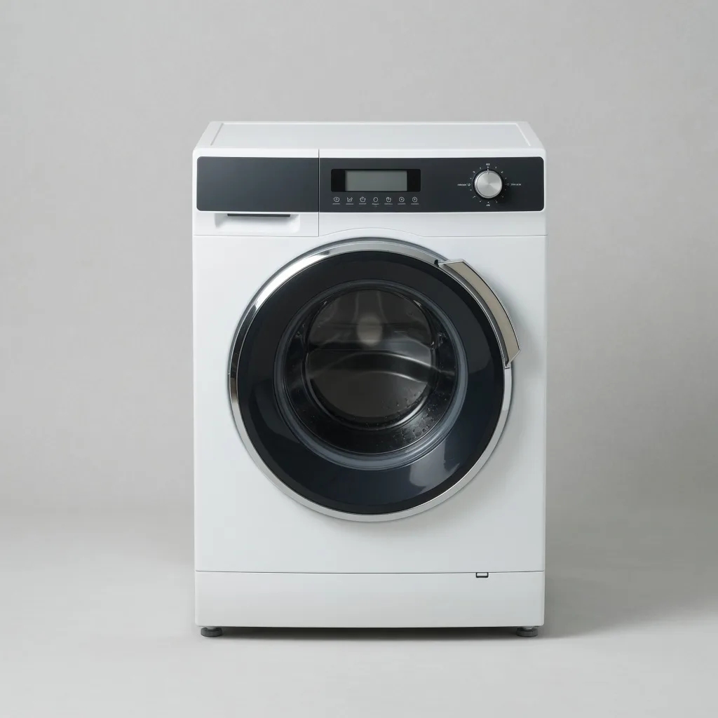 White front-load washing machine, studio photograph